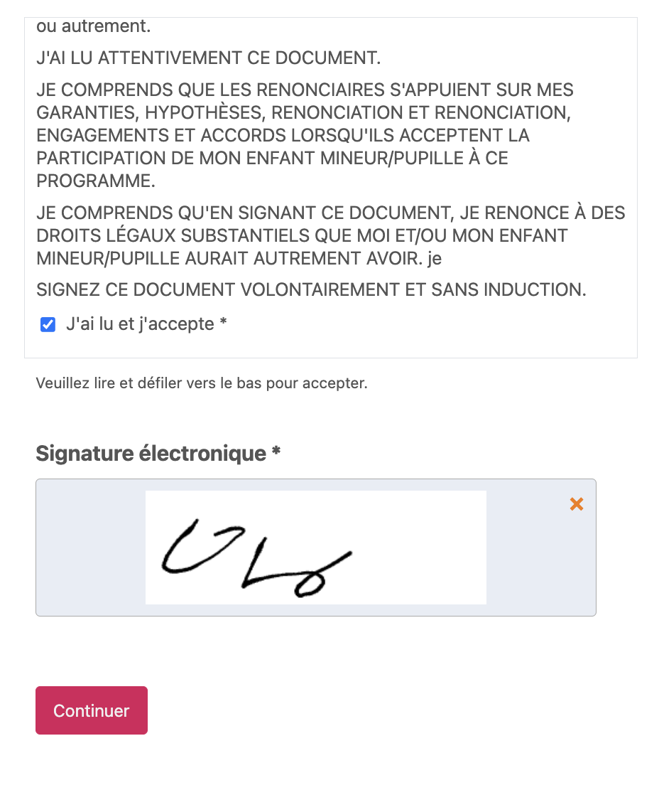 Acceptation des risques et signature numérique pour camp de jour