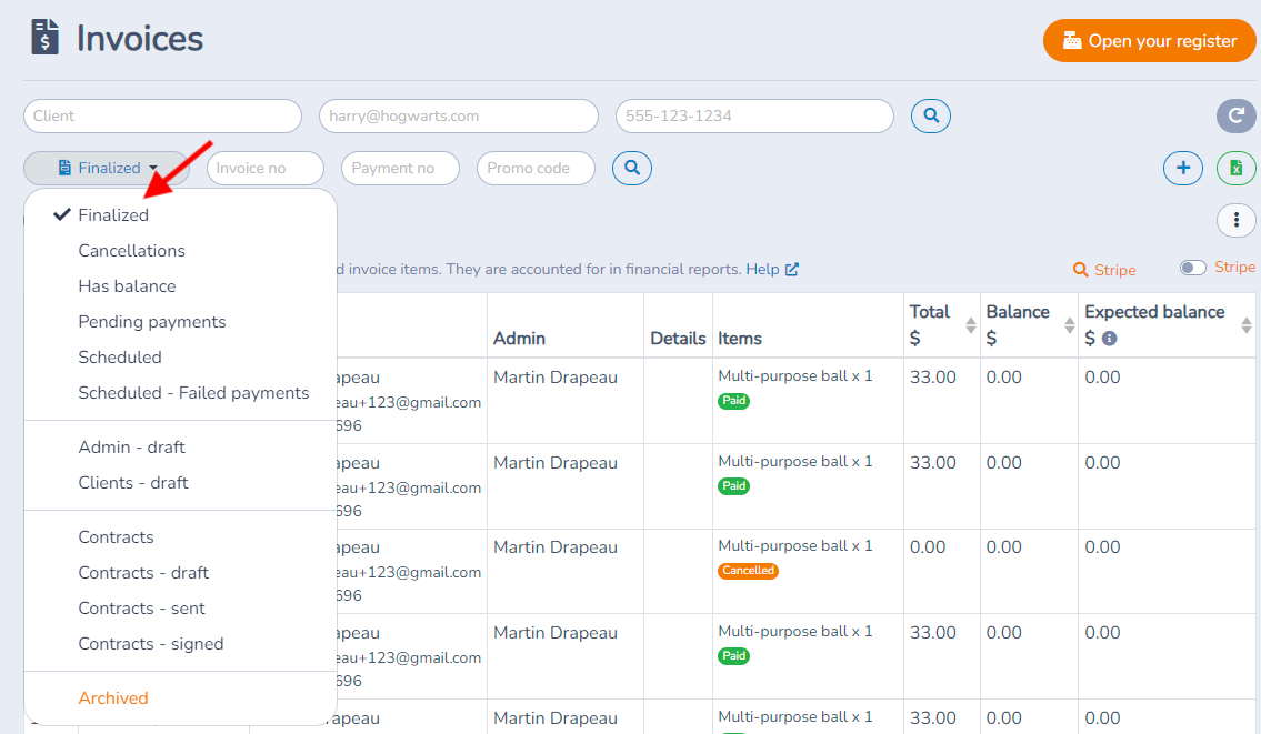 Filter the invoices