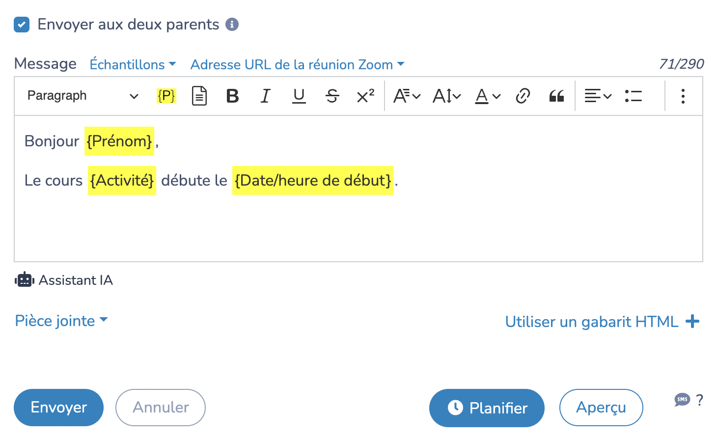 Envoi de SMS aux deux parents