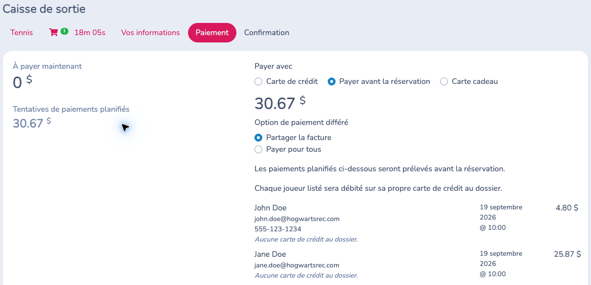 Page Paiement avec Payer avant la réservation et Partager la facture sélectionnés : 4,80 $ pour John Doe et 25,87 $ pour Jane Doe.