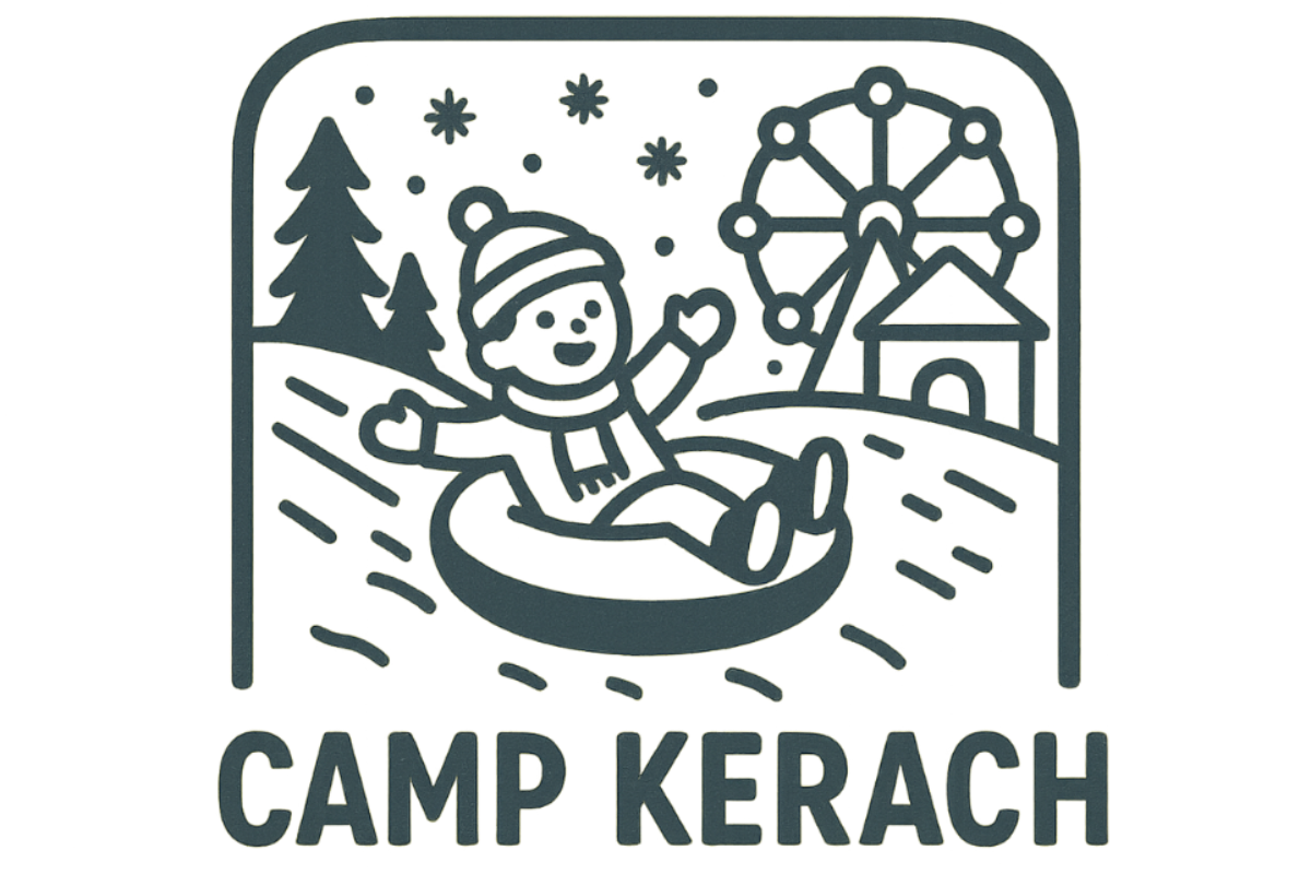 Inscription icon (style d'un jour de camp pendant la période des vacance d'hiver pour les enfants) everything needs to be white and dark greyéblue important to note activities will be indoors and outdoors so tubing and indoor large amusememnt park text written: Camp Kerach