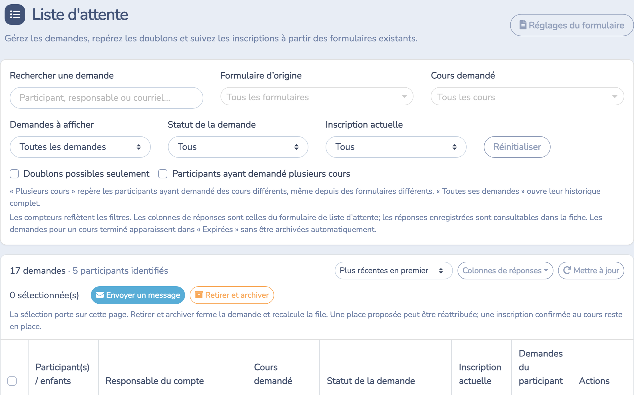 Module Liste d’attente avec ses filtres, le bouton Réglages du formulaire et l’en-tête du tableau