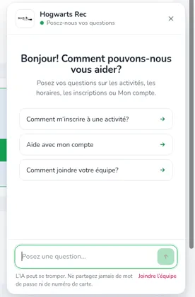 Accueil du clavardage avec trois questions de départ et Joindre l’équipe à côté de la mention de confidentialité