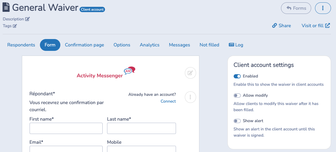 Configure client waiver settings