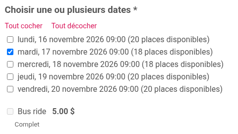 Le mardi 17 novembre est coché, et Bus ride à 5,00 $ est grisé avec Complet en dessous