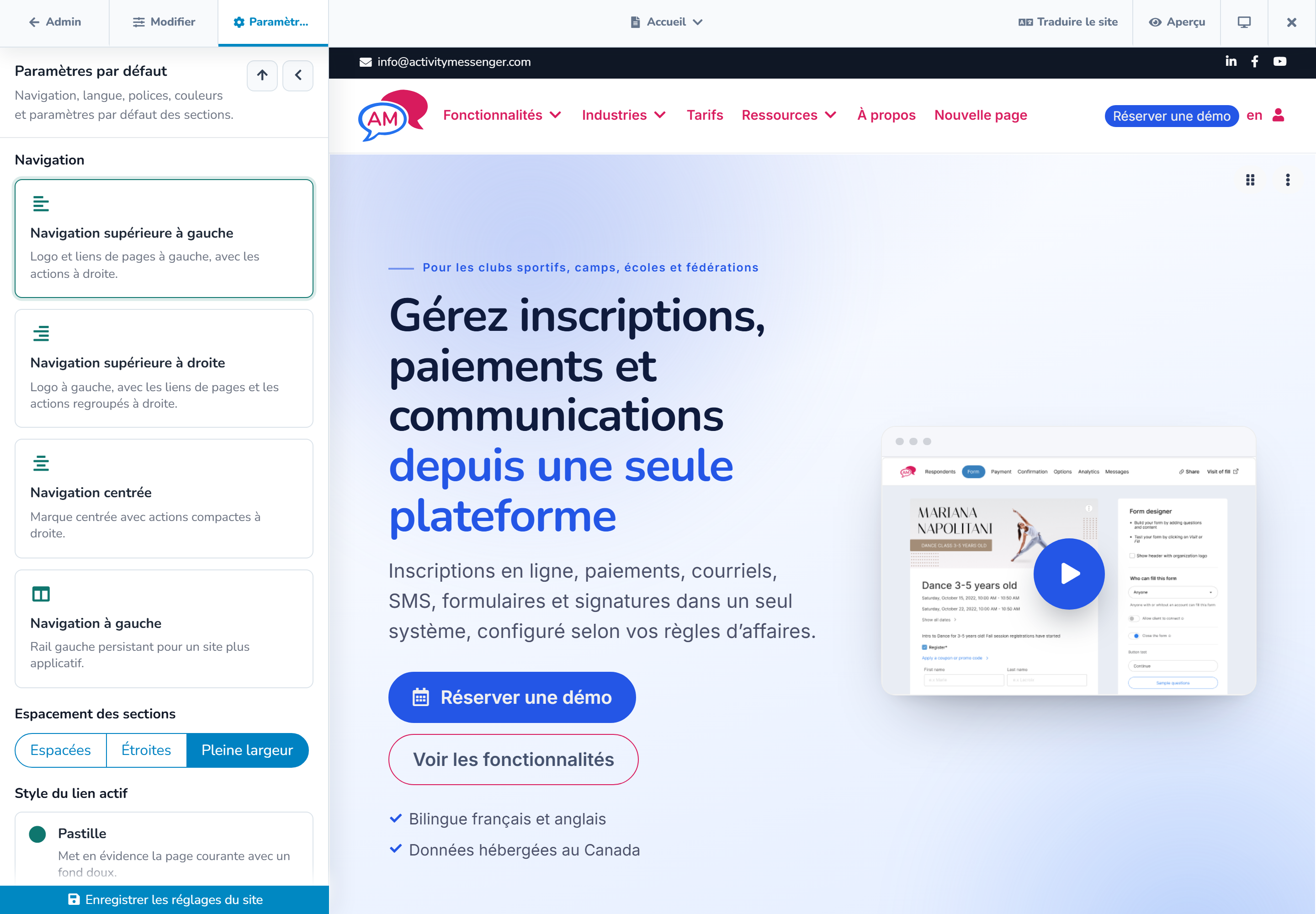 Paramètres du site avec les valeurs par défaut de navigation et de style