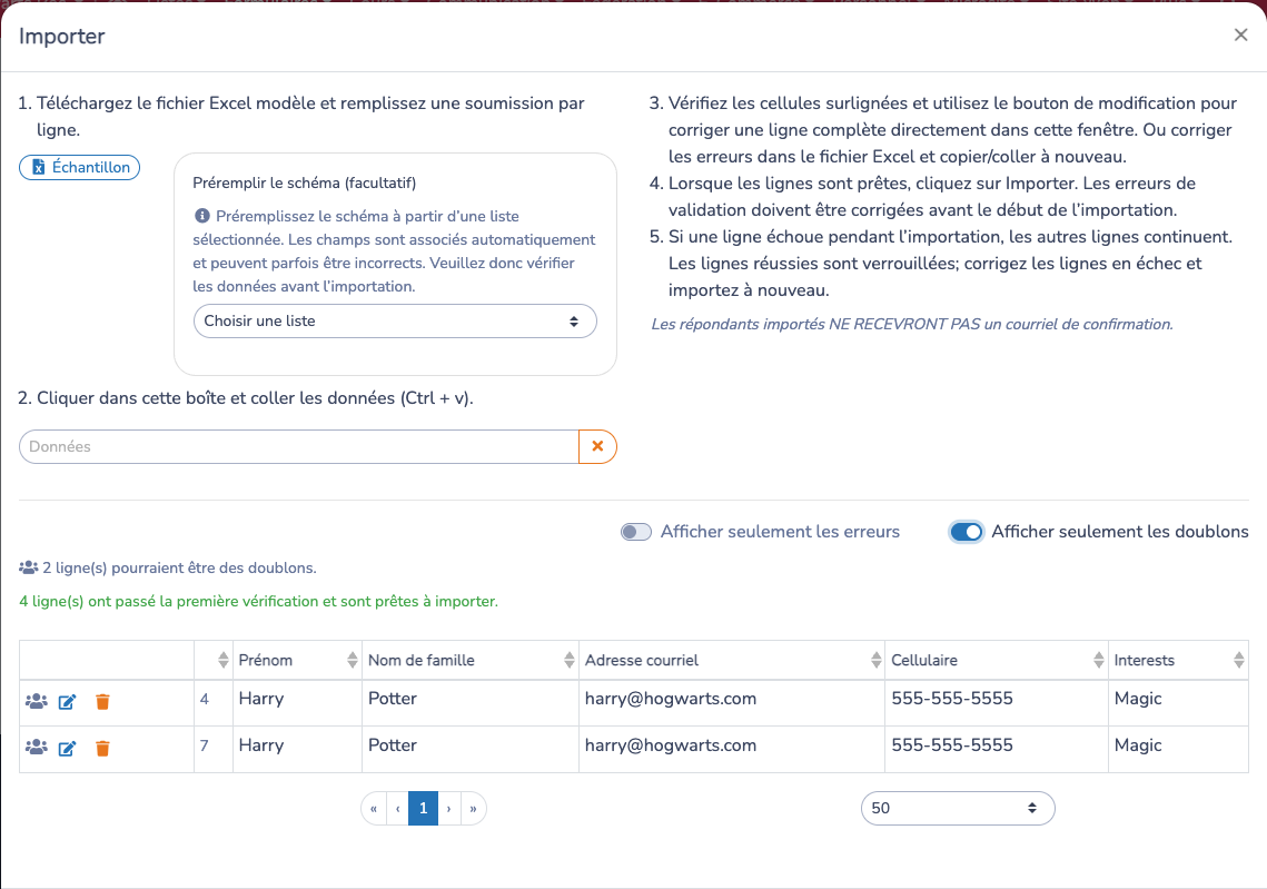 Vérifier les doublons et les avertissements de répondants existants