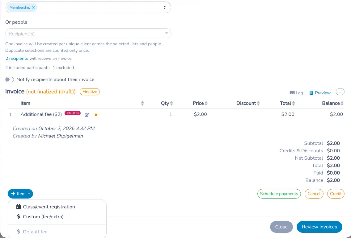 + Item menu on the bulk invoice draft, open on Class/event registration
