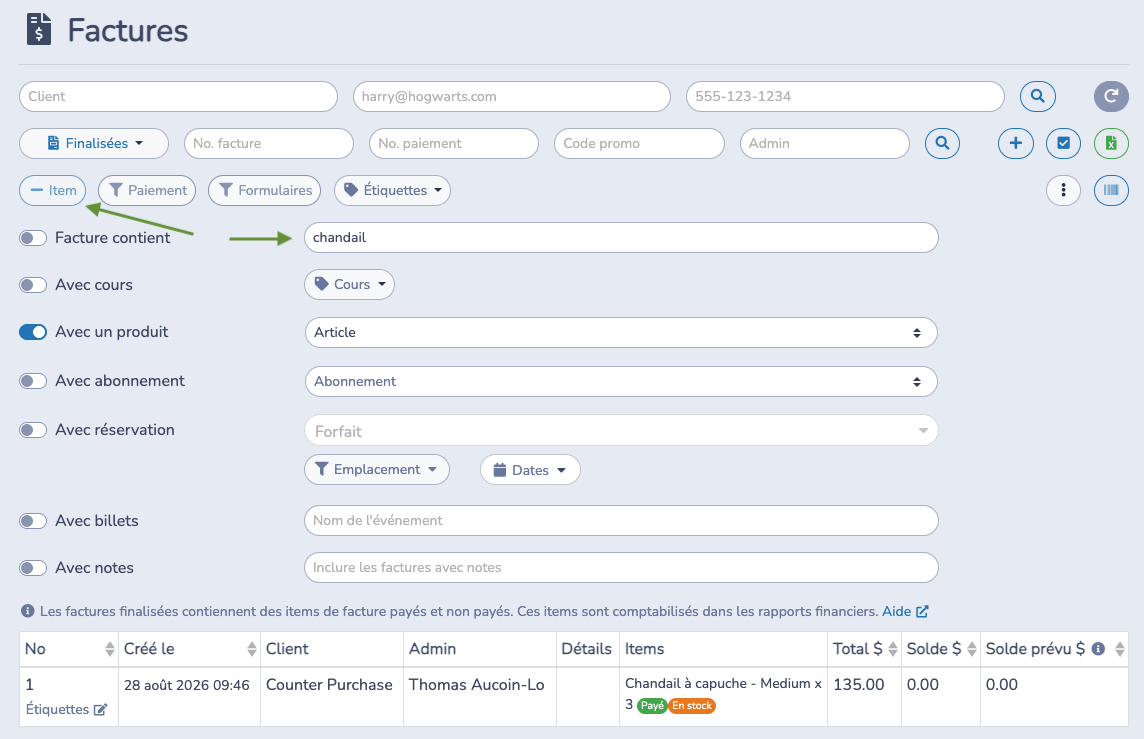 Filtrer les factures par article pour trouver les items achetés