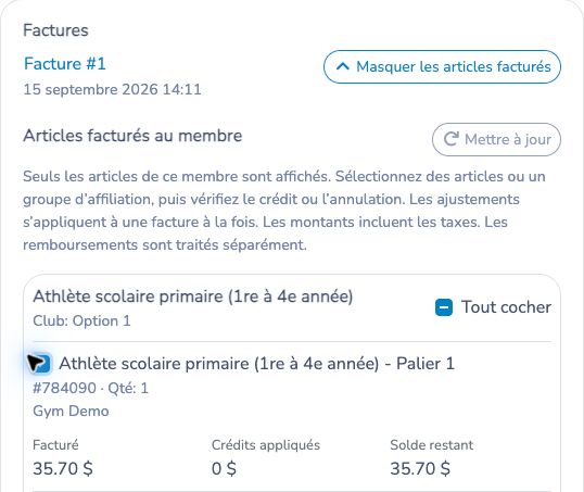 Articles facturés dans la fenêtre du membre, avec un frais sélectionné et son solde restant