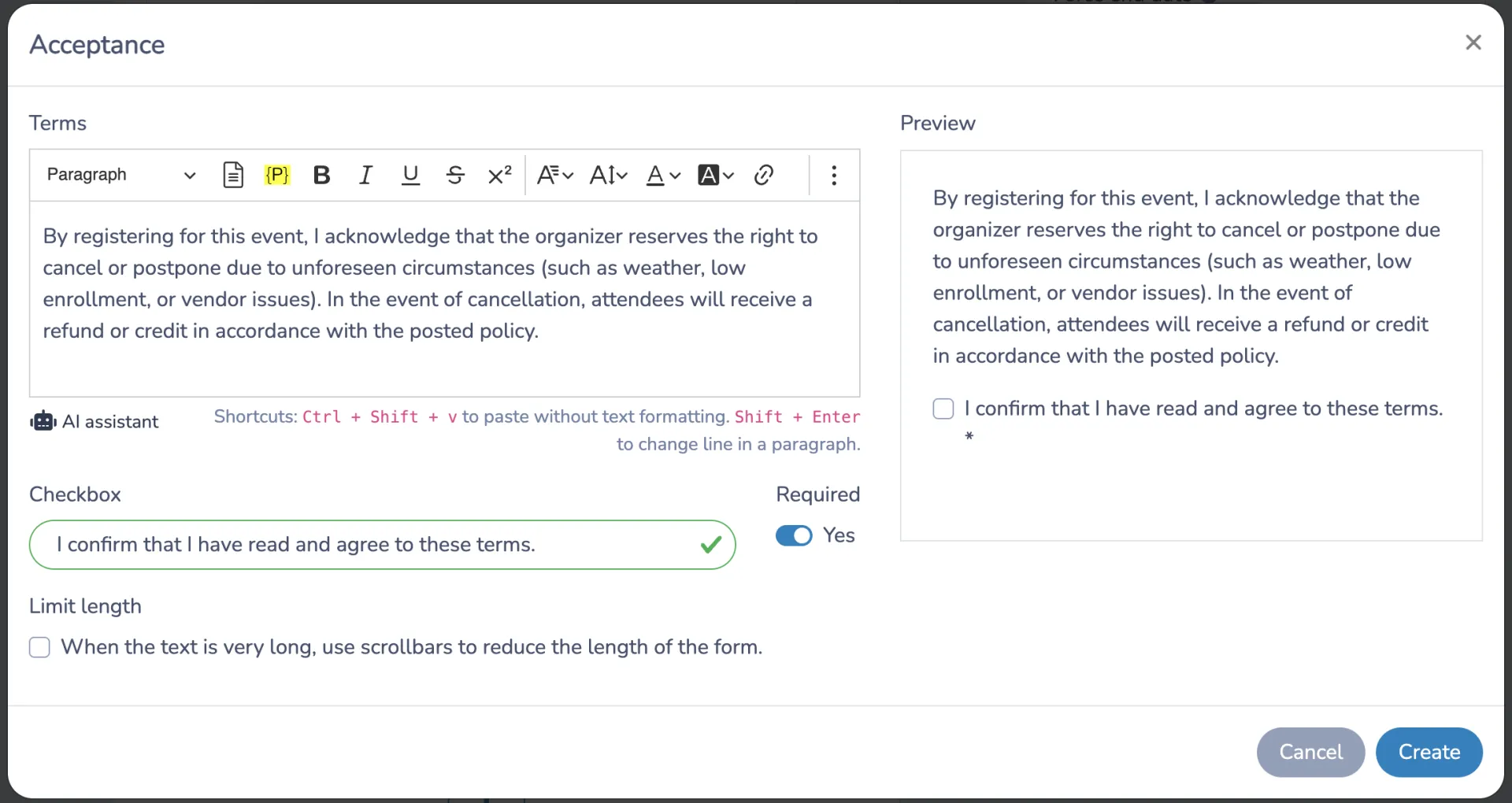 adding a cancellation clause to an event registration form