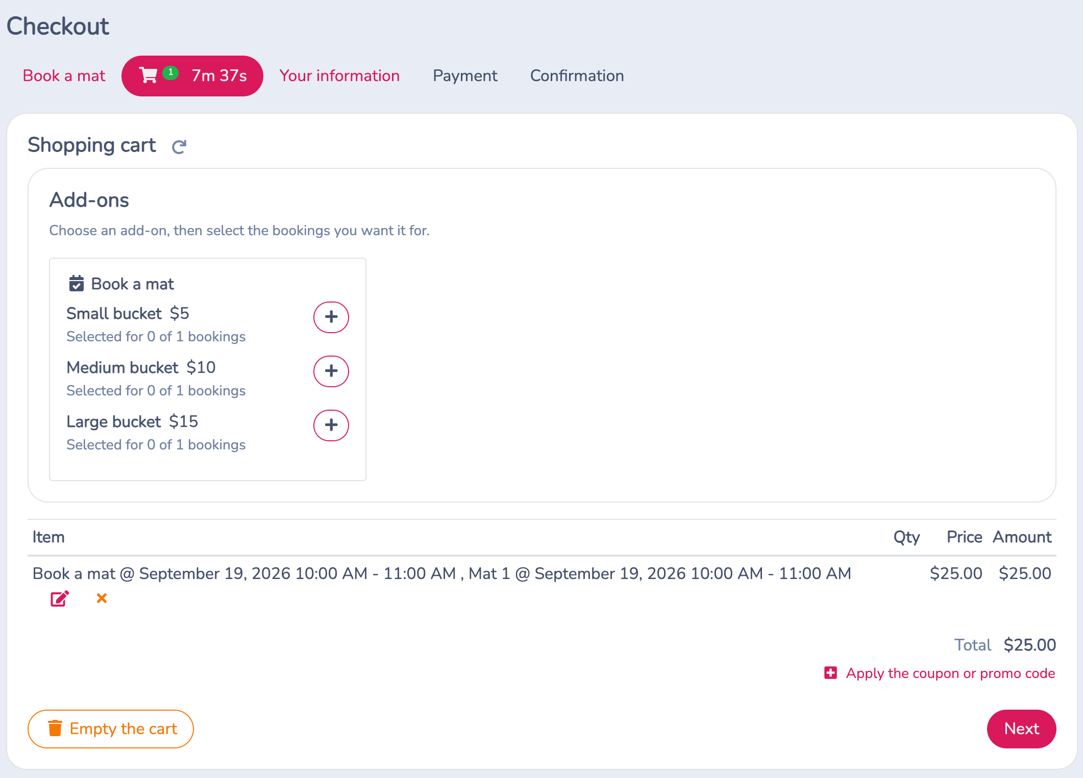 Microsite checkout in incognito Chrome, showing Book a mat for one hour on Mat 1, optional buckets and a $25 total