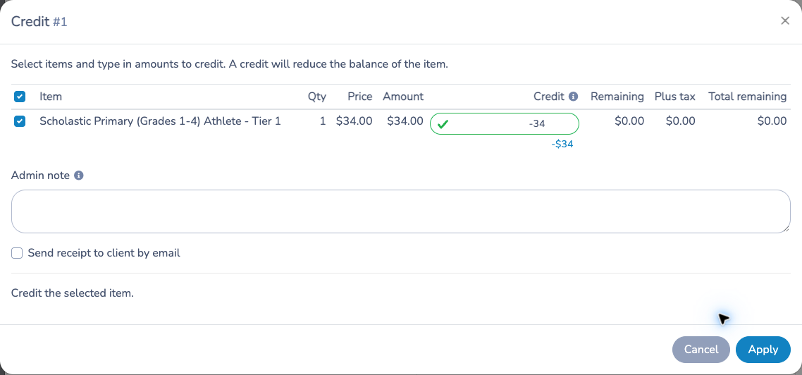 Credit preview showing the amount, administrative note and optional receipt