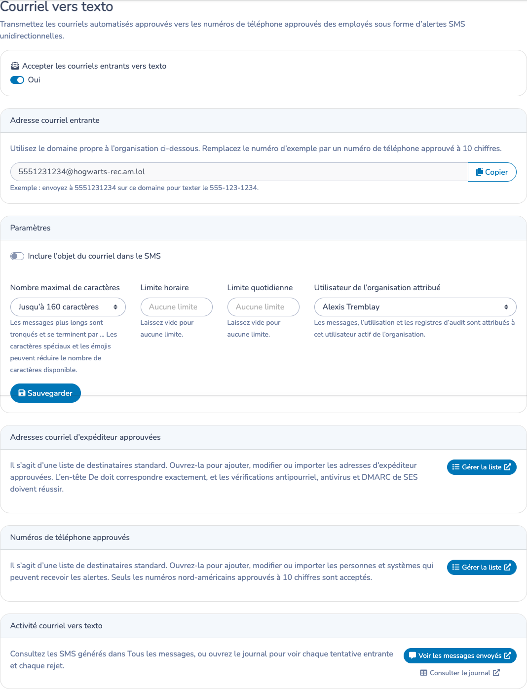 Configurer les paramètres de Courriel vers texto