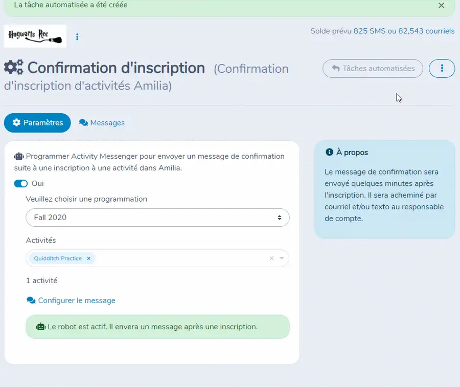 Envoyer un courriel/SMS de confirmation suite à une inscription dans Amilia — illustration