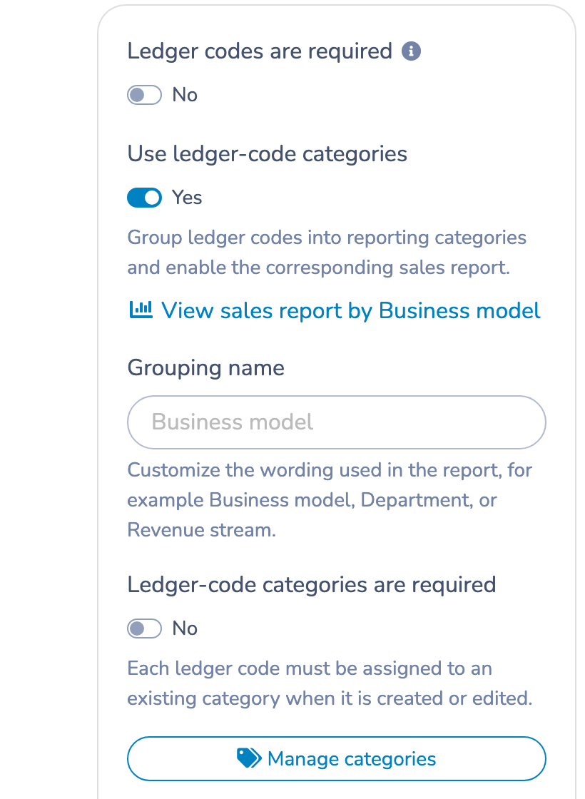 Enable ledger-code categories and configure the grouping name
