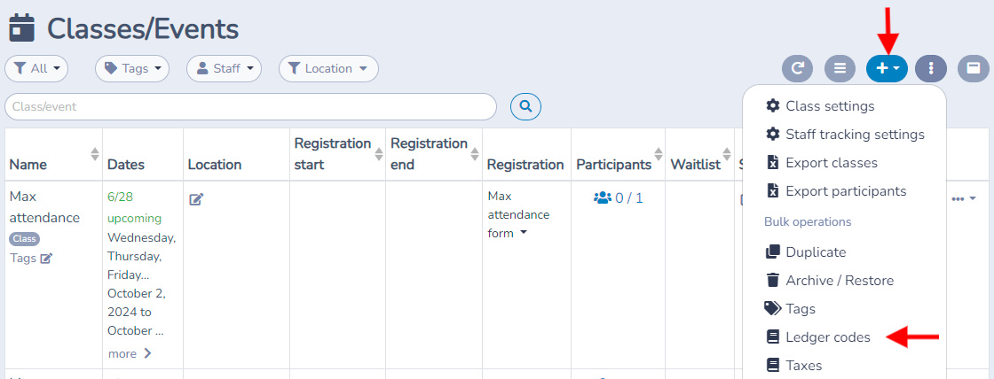 Classes and events bulk-operations menu with Ledger codes highlighted