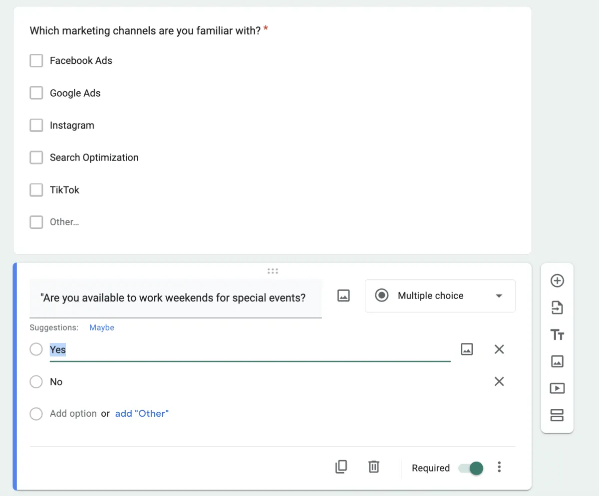 Add Questions relevant to the job position