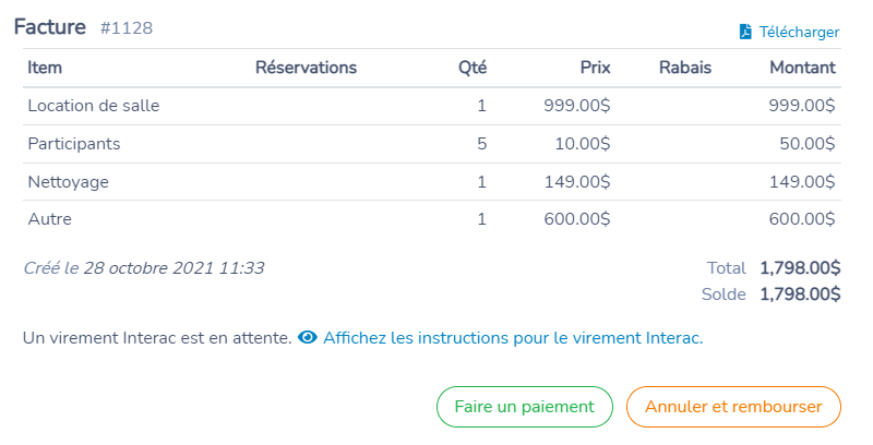 Acceptation du virement et dépôt manuel — capture d’écran