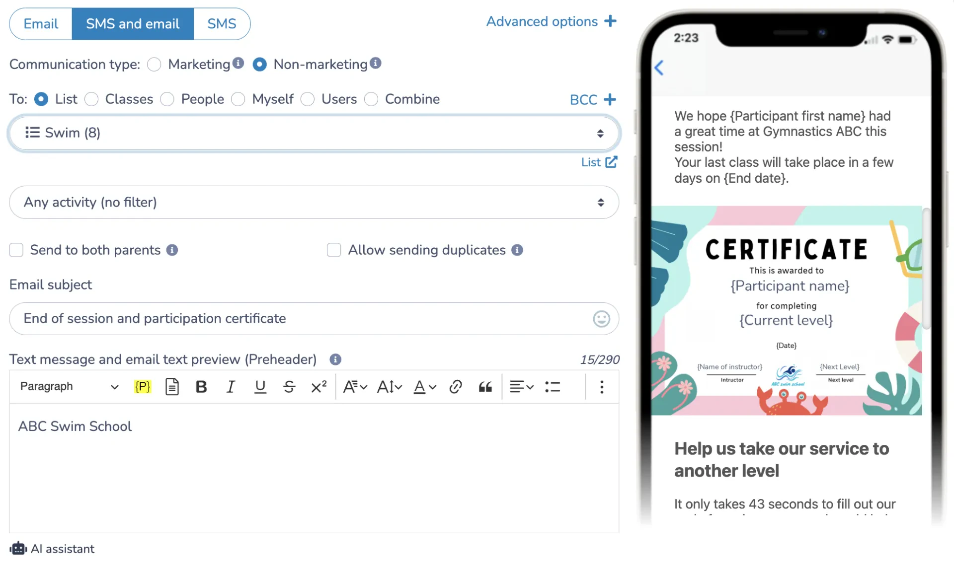 How to send an end of session reminder by email and/or SMS