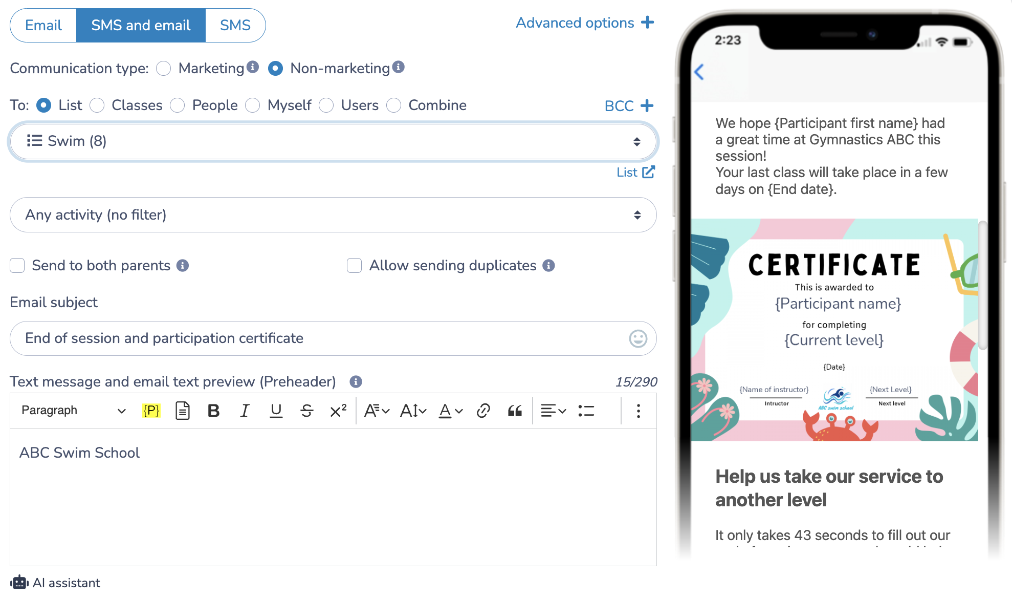 How to send an end of session reminder by email and/or SMS