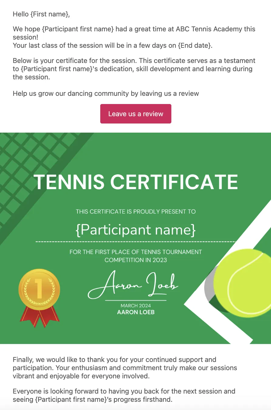 Share the certificate with players and parents