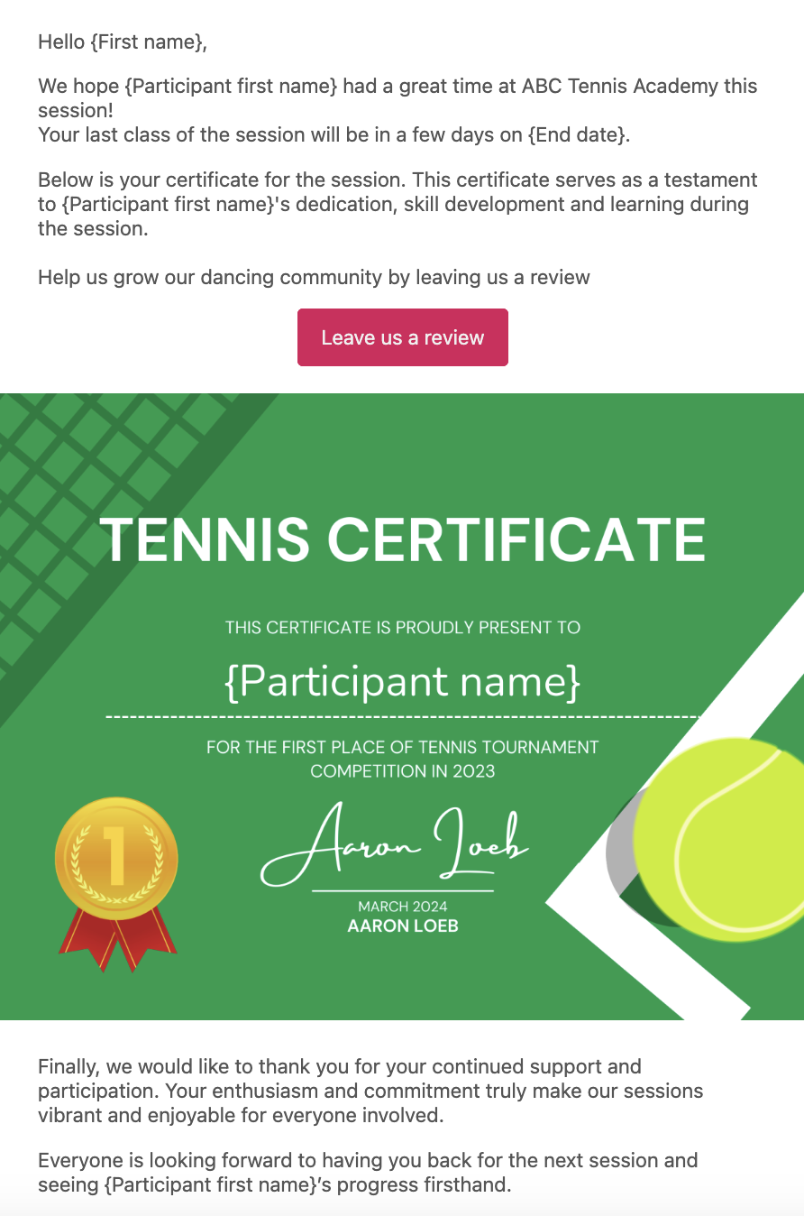 Share the certificate with players and parents
