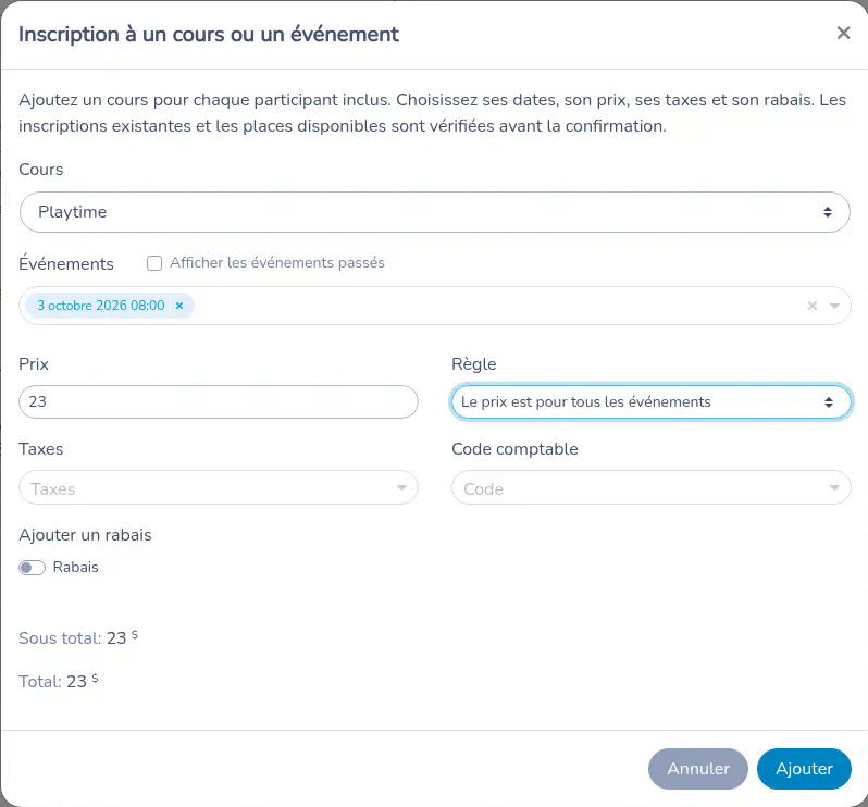 Fenêtre Inscription à un cours ou un événement pour chaque participant inclus, avec le cours, les dates, le prix, les taxes et Ajouter
