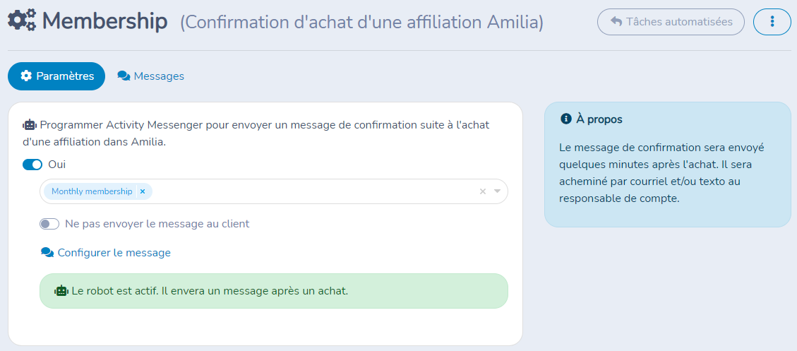 Envoyer un courriel/SMS de confirmation suite à l'achat d'une affiliation ou d'un laissez-passer Amilia — illustration
