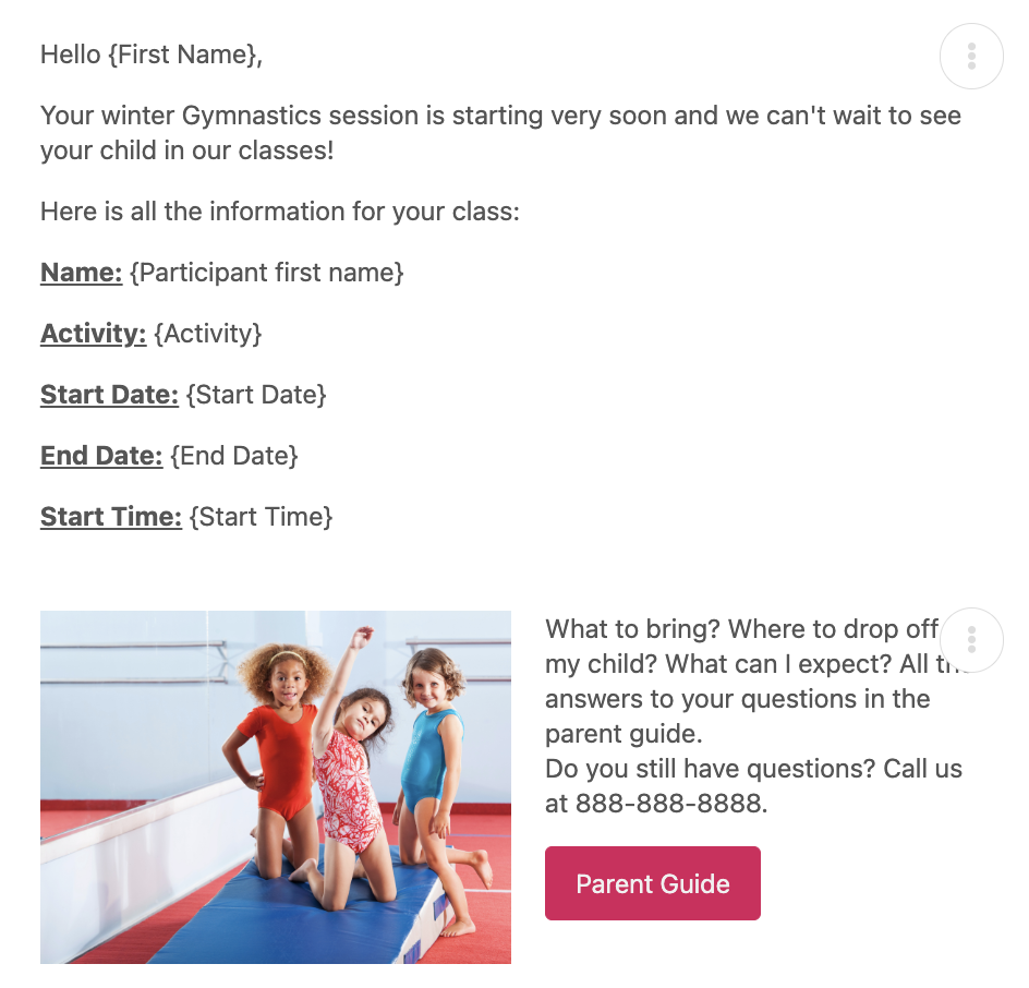 Start of session reminder for Gymnastics Club