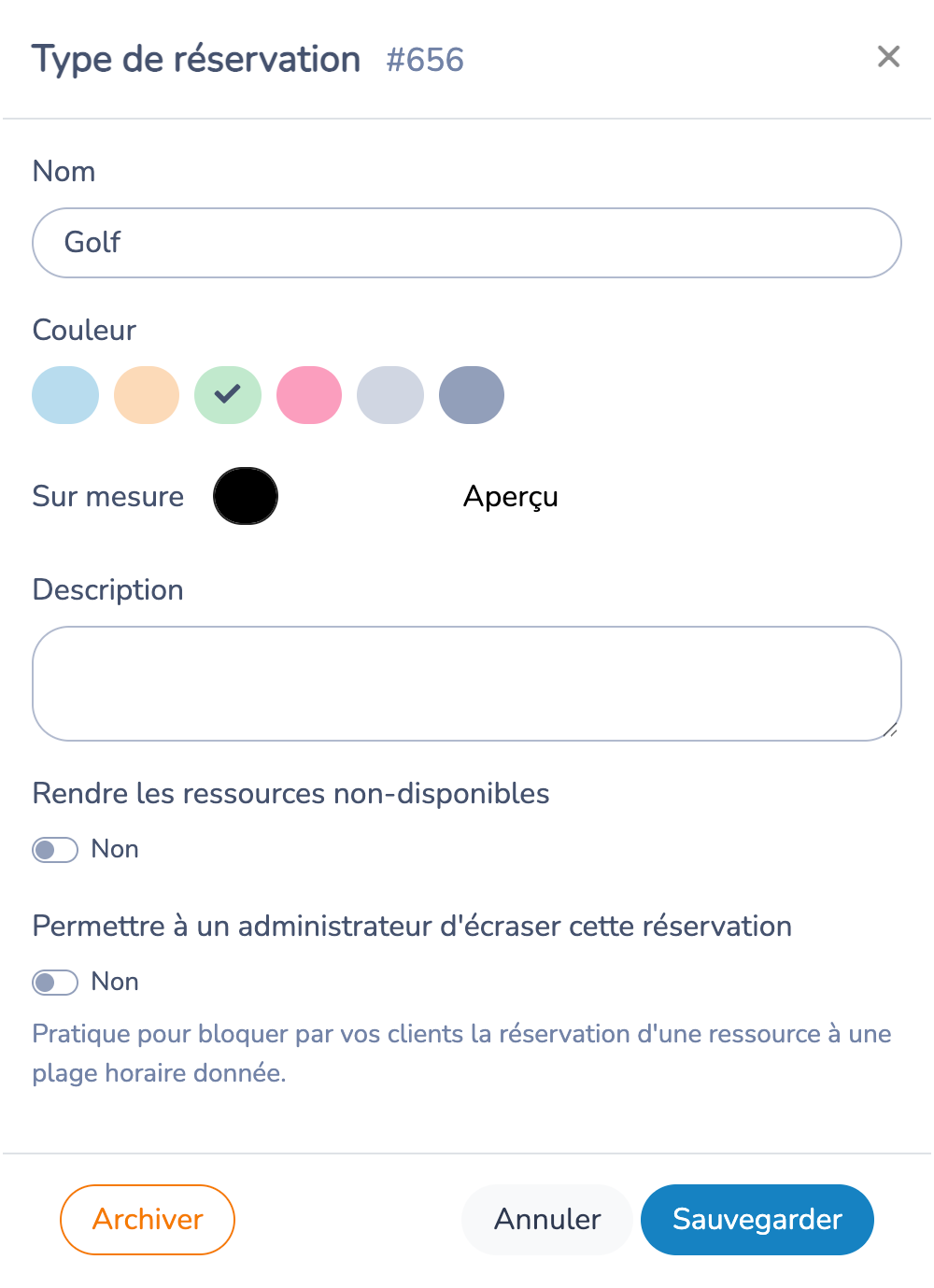 Type de réservation Golf avec son nom, sa couleur et ses options de disponibilité