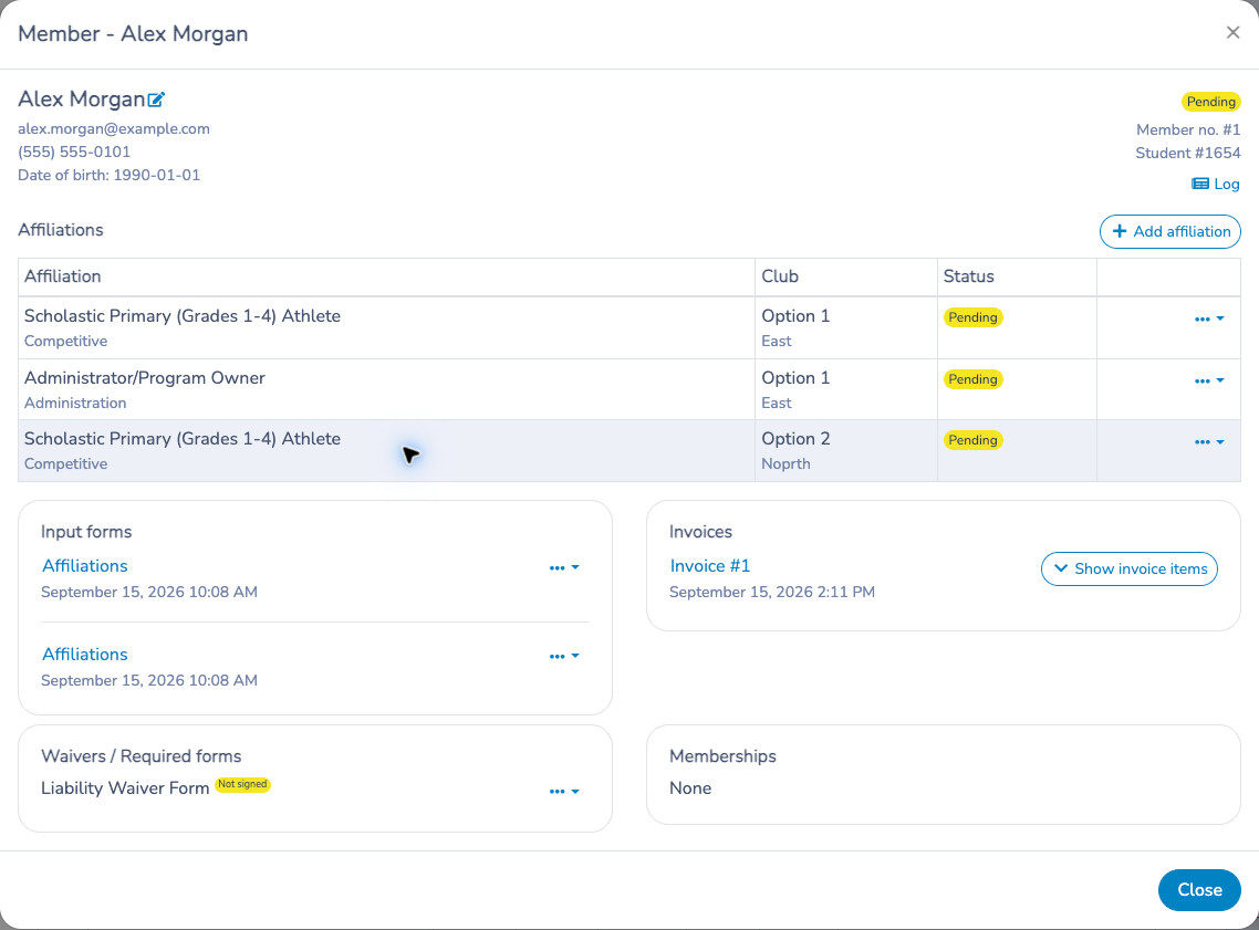 Complete member modal with affiliations, invoice items, required forms and memberships