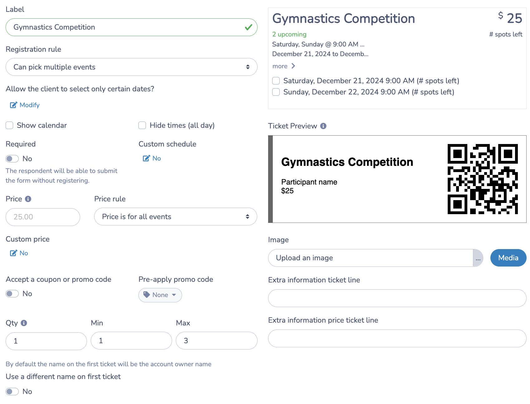 Set up ticket options with QR Codes