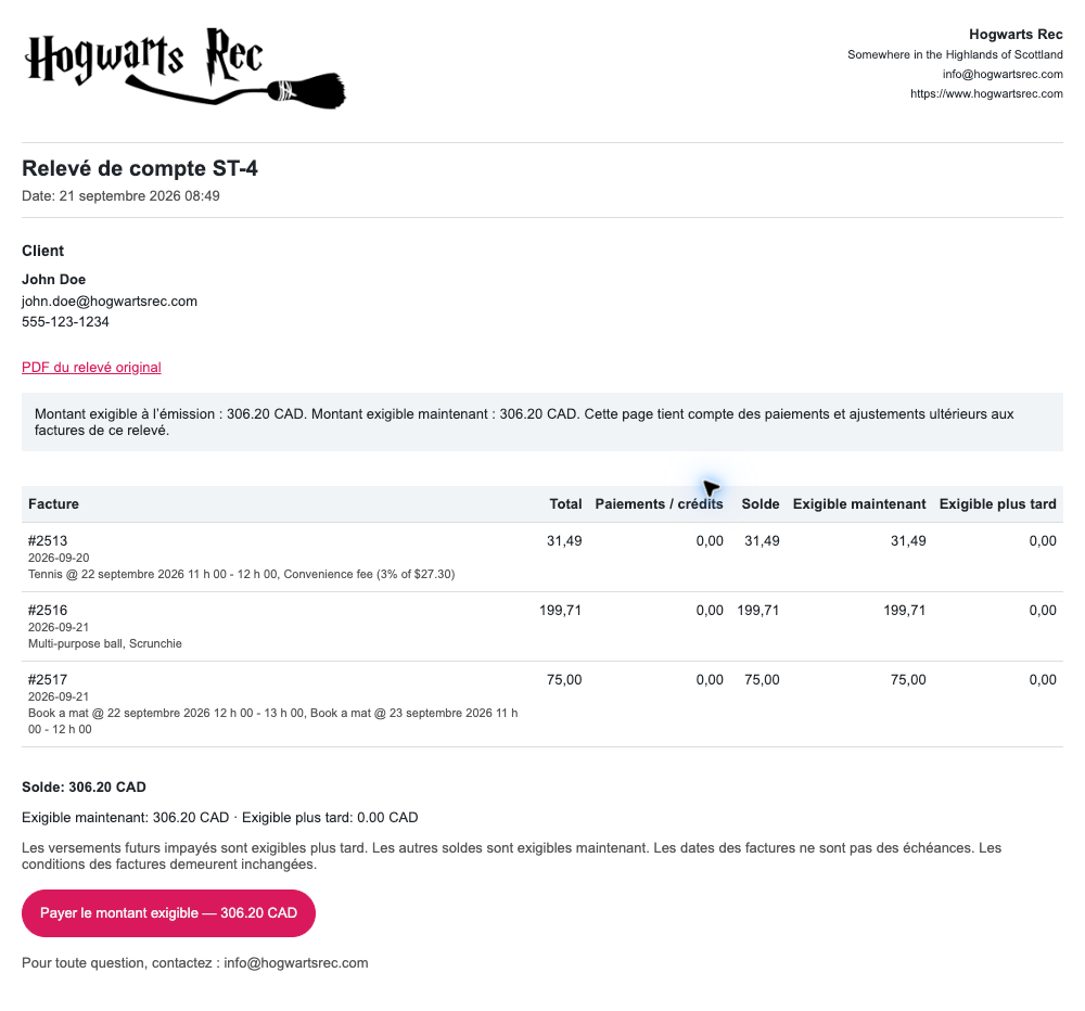 Relevé de compte destiné au client avec logo de l’organisation, coordonnées du client, trois factures et bouton pour payer 306,20 CAD