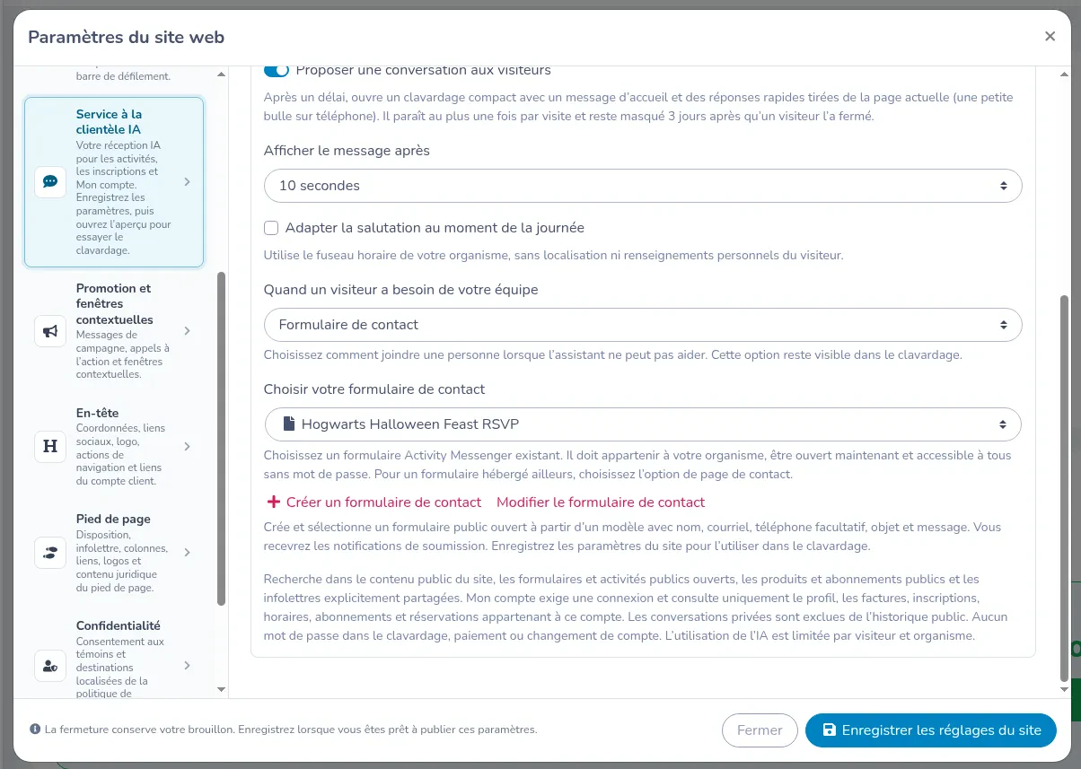 Formulaire de contact sélectionné, avec Hogwarts Halloween Feast RSVP, Créer un formulaire de contact et Modifier le formulaire de contact
