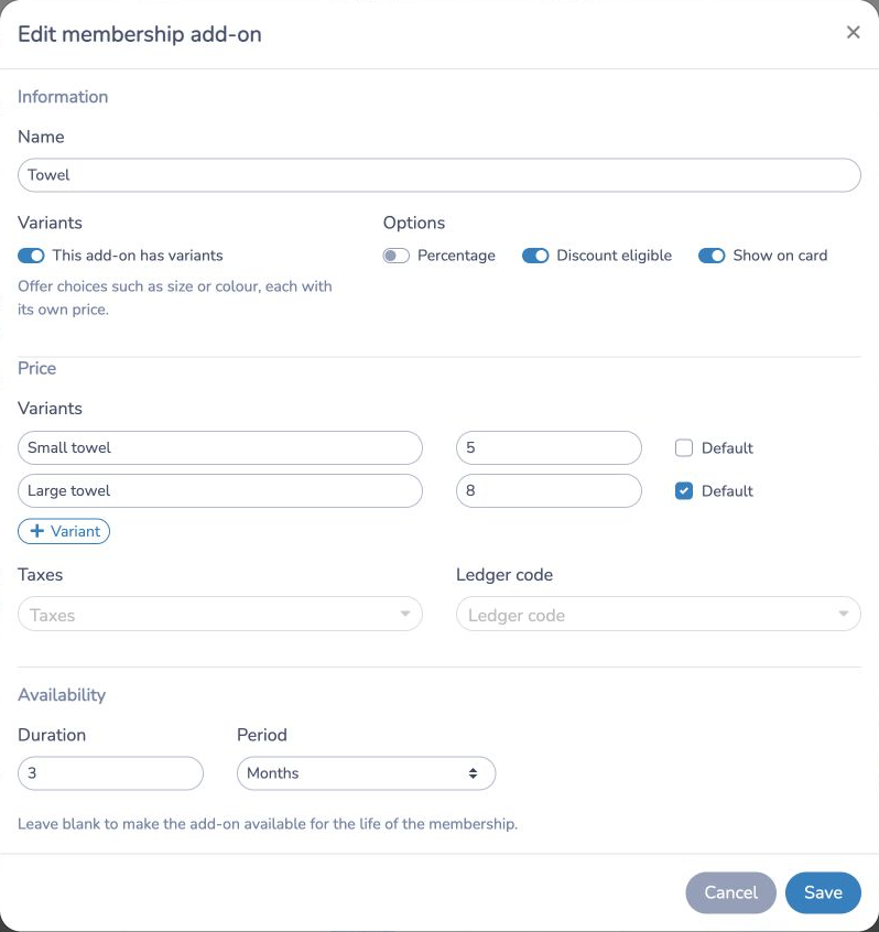 Configure membership add-on variants, pricing, and availability