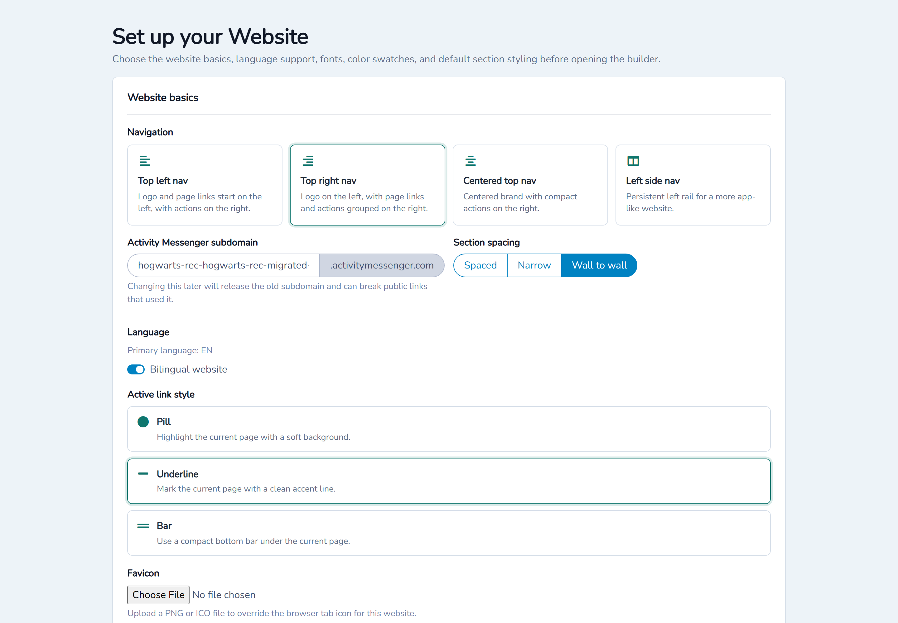 Configure navigation, subdomain, language, and active-link styling