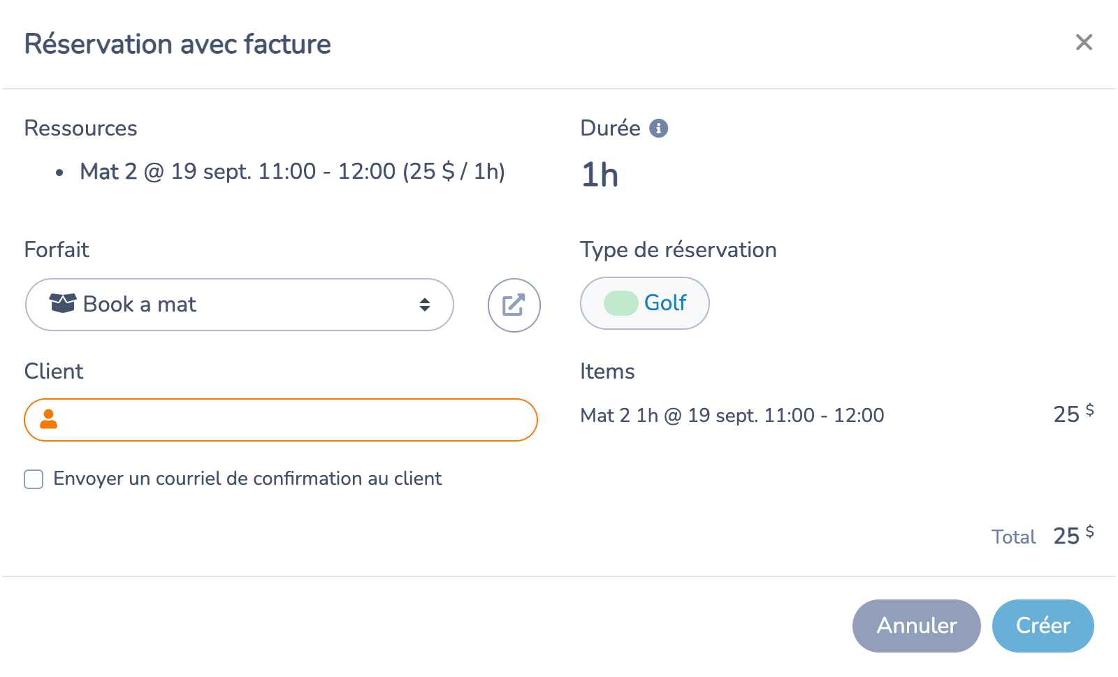 Fenêtre Réservation avec facture affichant Mat 2, Book a mat, le type Golf, le sélecteur de client et le total de 25 $
