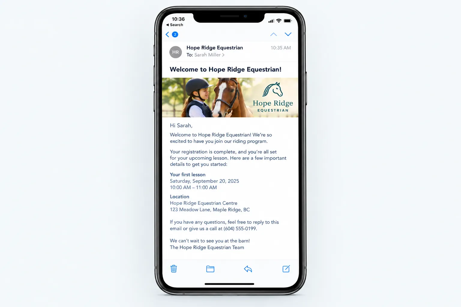 Horse Riding Registration Software Form: Registration Confirmation Email