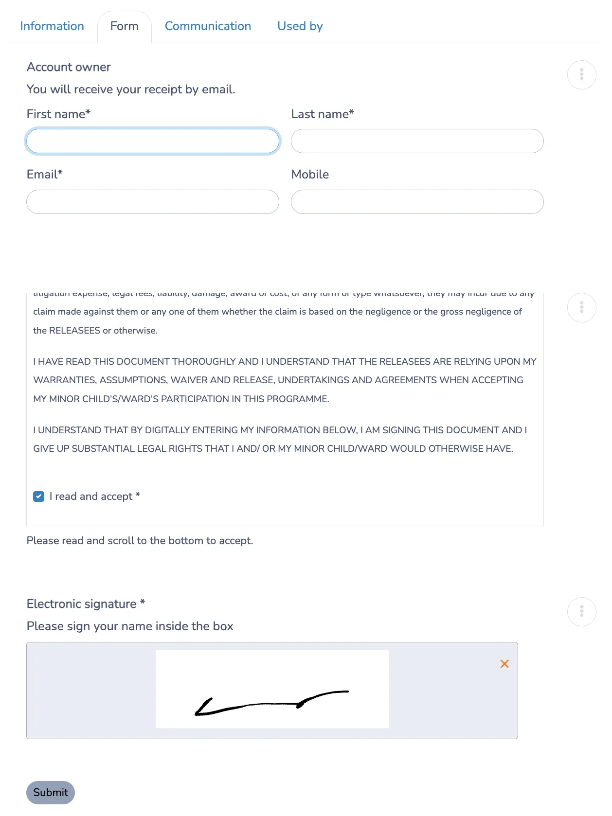 Facility contract form builder
