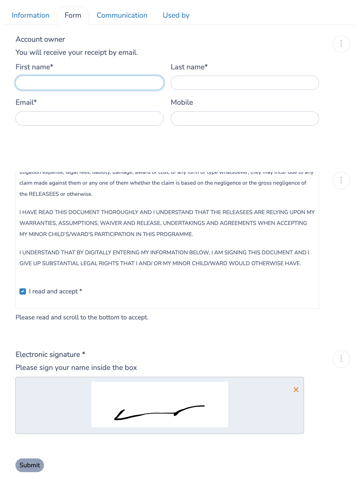 Facility contract form builder