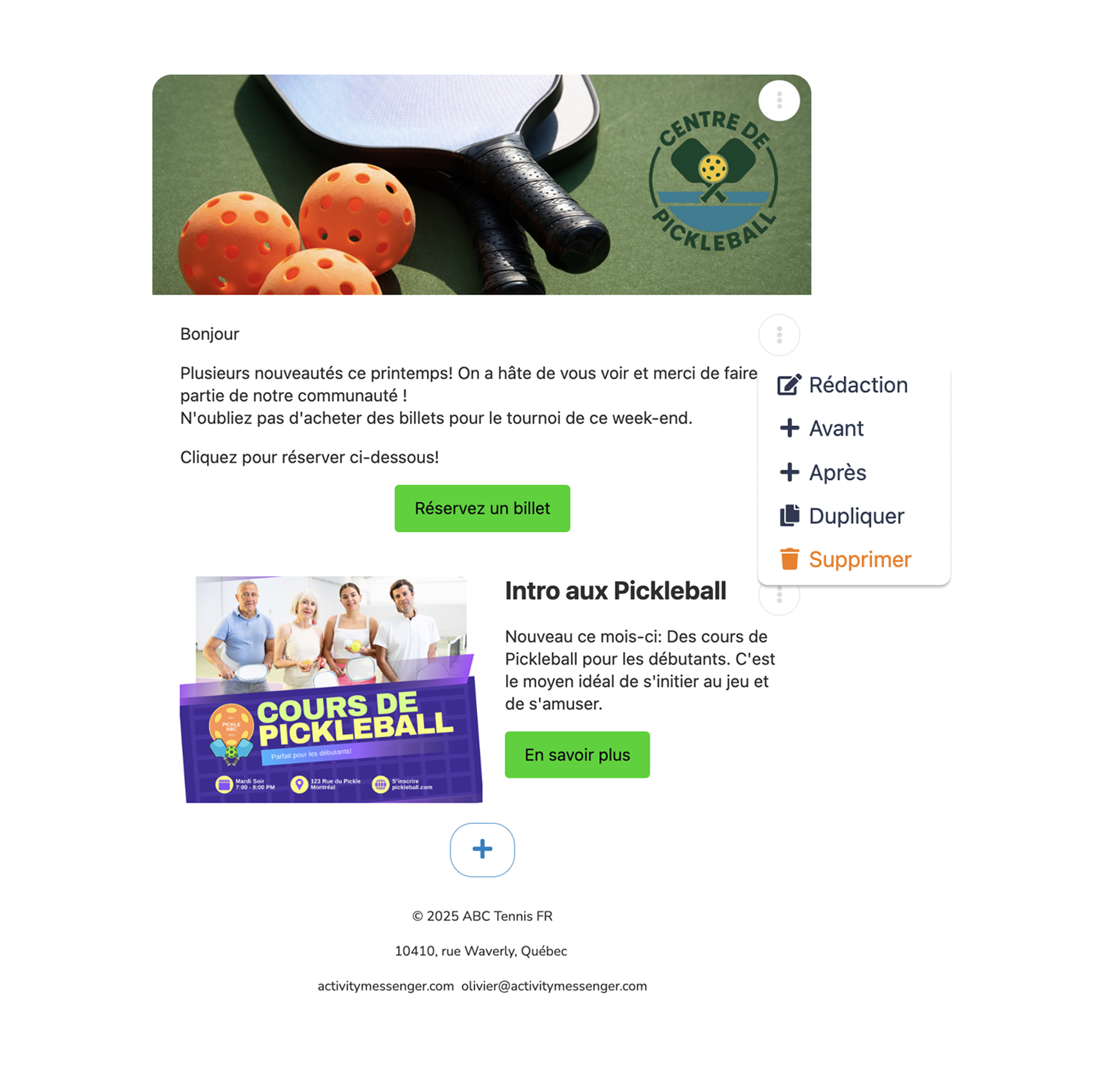 Infolettre pour centres de Pickleball