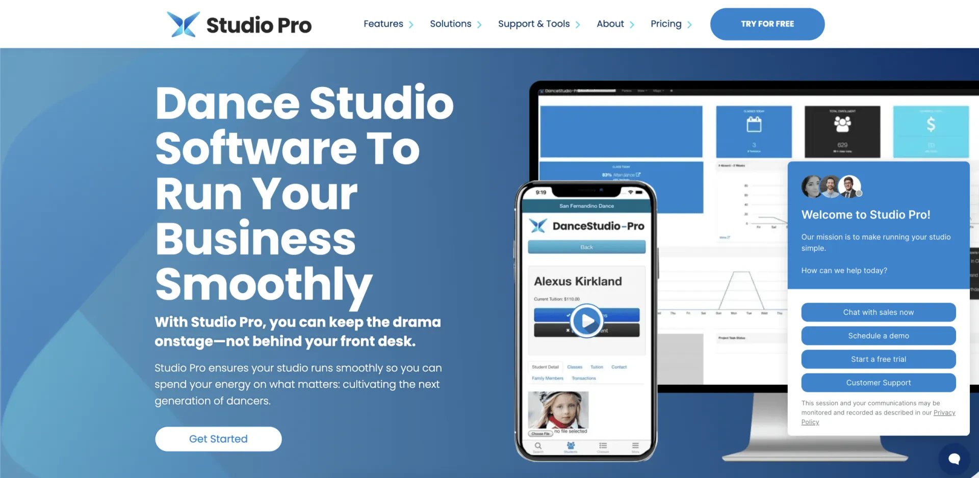 screenshot of homepage for DanceStudio-pro
