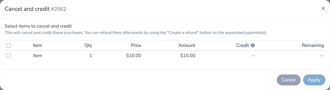 Cancel and credit dialog explaining how to refund separately